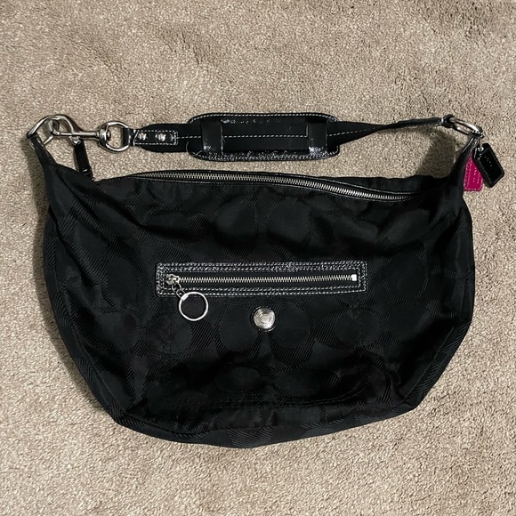 Coach Saddle Bag Hobo Shoulder Bag Black Signature ‘C’ Pattern LIKE NEW - Picture 1 of 2